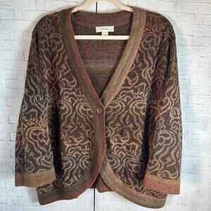 CJ Banks cardigan sweater shade brown one button closure floral plus size
